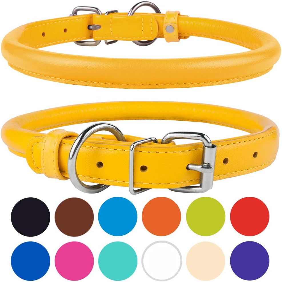 CollarDirect Rolled Leather Dog Collar, Soft Padded Round Puppy Collar, Handmade Genuine Leather