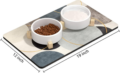 Rnivvi Dog Food Mat, 12" x 19" Boho Absorbent Dog Cat Bowl Mat for Food and Water, Cute Anti-Slip