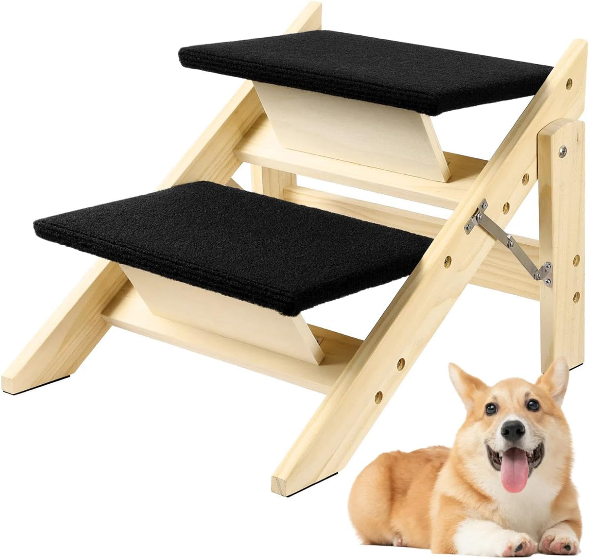 Foldable Dog Stairs/Ramp with 2 Steps - Durable Wooden Pet Stairs for Small, Medium, Large Dogs