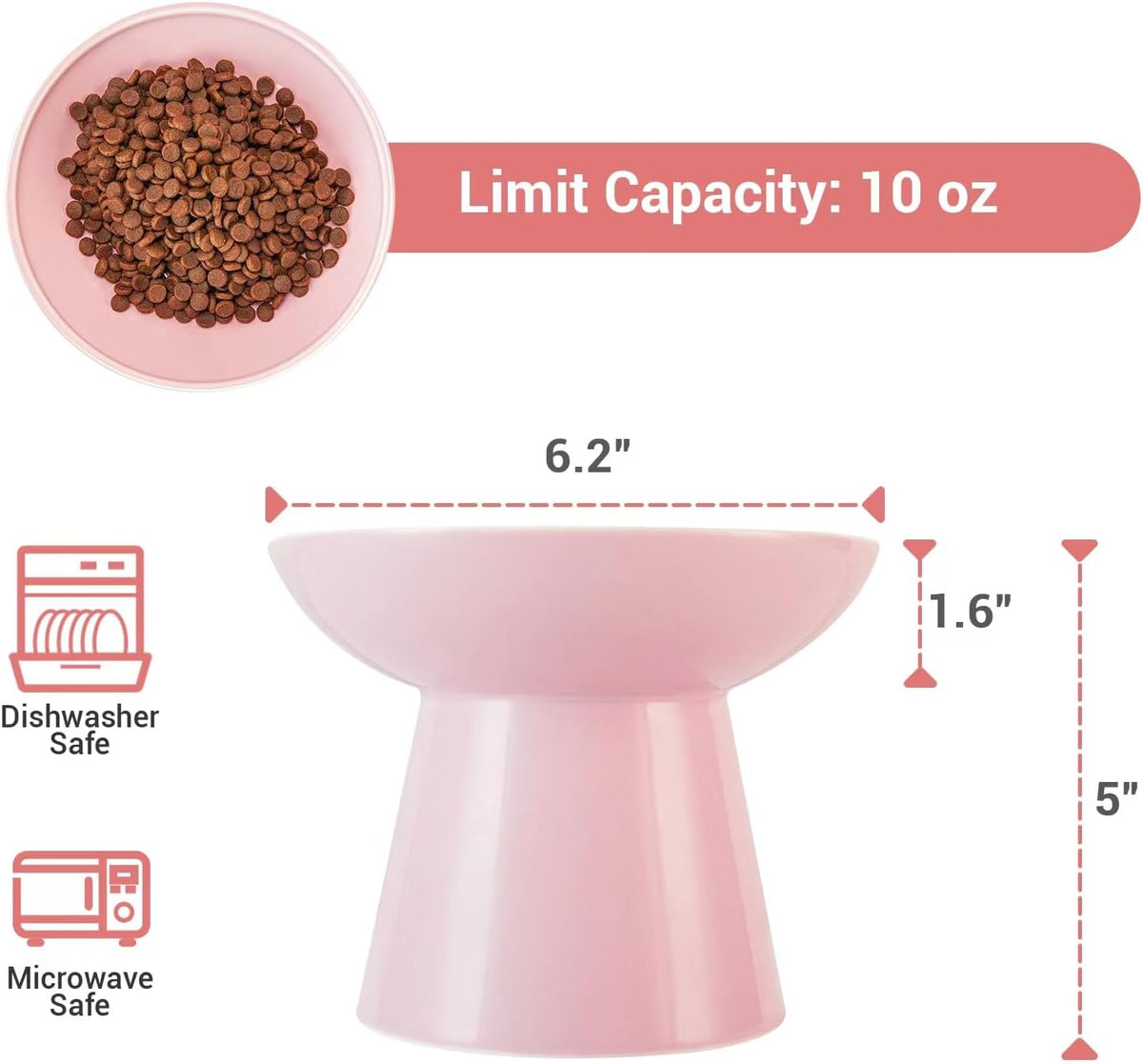Extra Wide Elevated Ceramic Cat Bowl, 6.2" Shallow Dish for Whisker Fatigue Relief, 5" Height for