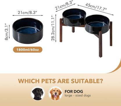 Ceramic 8.2inch Raised Double Dog Bowls Set with Acacia Wood Stand, Food & Water Bowls for Large