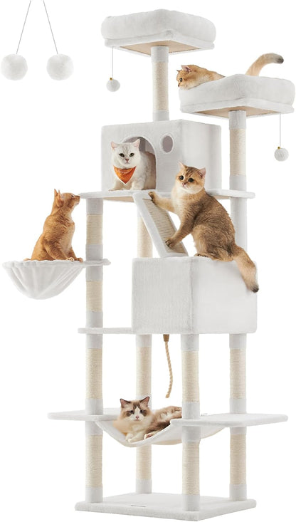 Feandrea Cat Tree, 81.1-Inch Large Cat Tower with 13 Scratching Posts, 2 Perches, 2 Caves, Basket