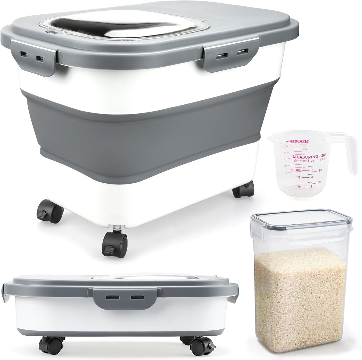 Rice Storage Containers, Collapsible 20 to 30Lbs Food Storage Bin Dispenser with Rolling Wheel and