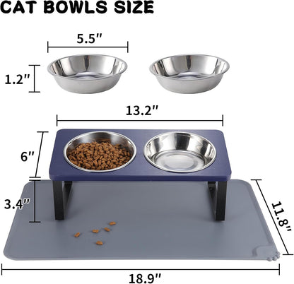 Upgraded Elevated Cat Bowls with Food Mat,15°Tilted Stand Anti Vomiting Raised Cat Dishes for Food