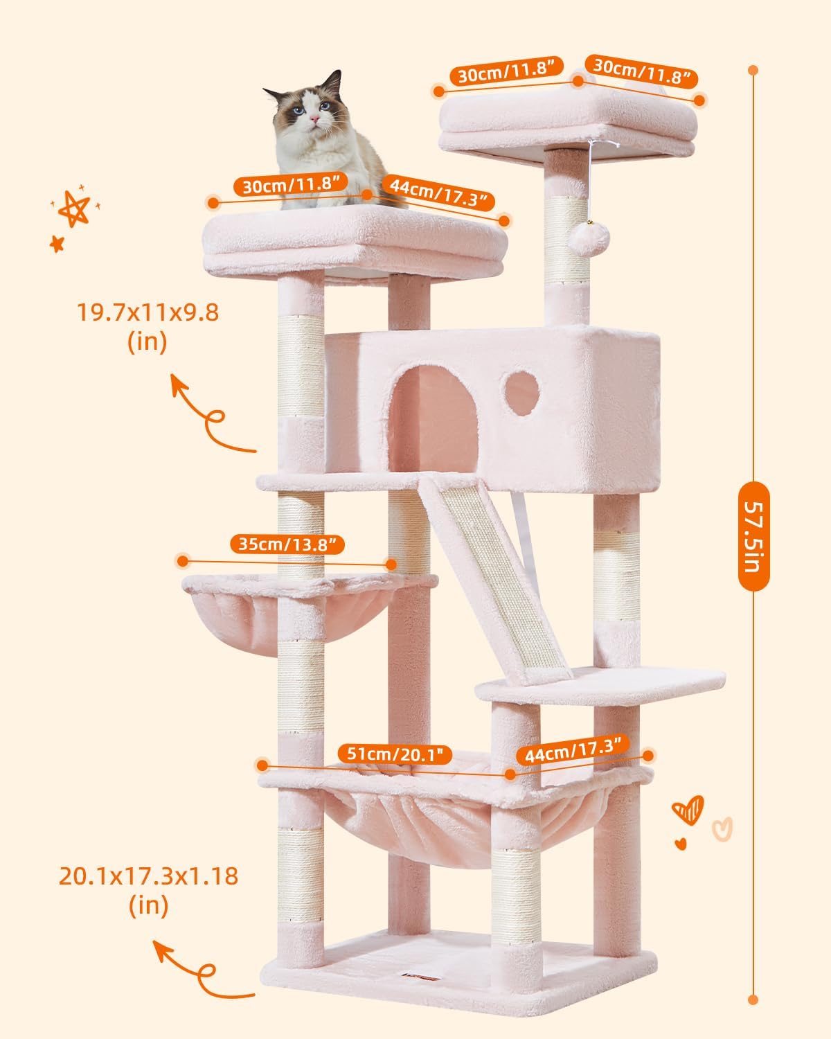 Taoqimiao Cat Tree 57.5-Inch, Cat Tower for Indoor Cats Large Adult, Extra Large Cat Condo, 8 Sisal