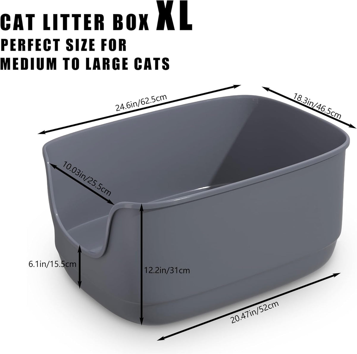 Gefryco Large Cat Litter Box with High Sided 24.6"x18.3"x12.2" - Jumbo Extra Large Open Anti
