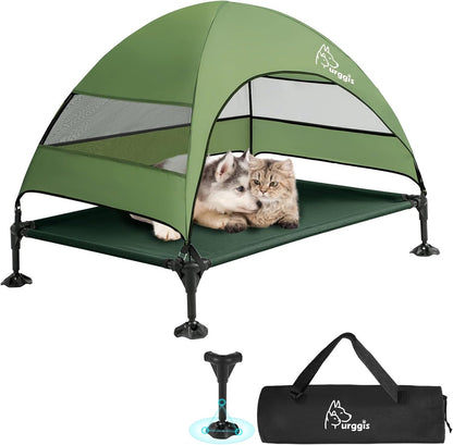 Upgraded Elevated Dog Bed with Canopy, Portable Raised Outdoor Dog Bed with Stable Anti-Slip Feet