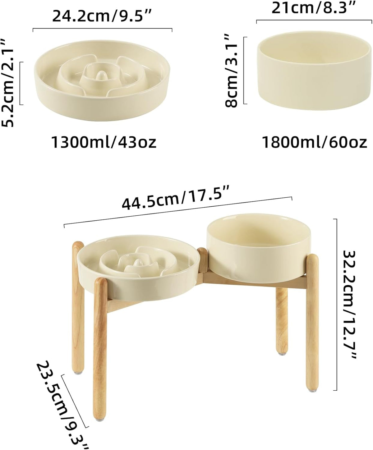 Ceramic Raised Slow Feeder Dog Bowl Set, Elevated 8.2inch Bowl and 9.5inch Puzzle Slow Food Dish