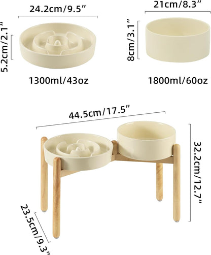 Ceramic Raised Slow Feeder Dog Bowl Set, Elevated 8.2inch Bowl and 9.5inch Puzzle Slow Food Dish