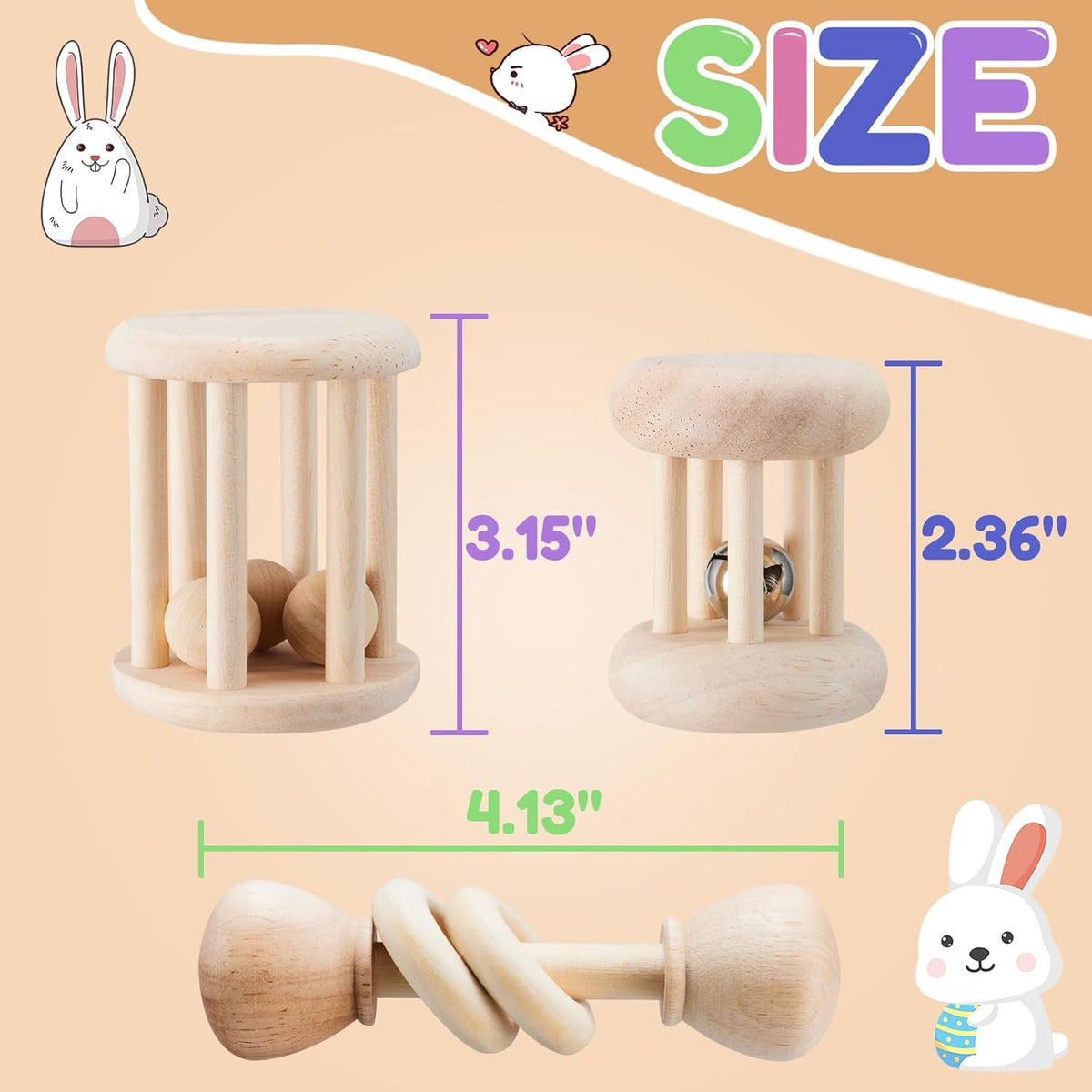 3 Pcs Wooden Bunny Toys - Safe Rabbit & Guinea Pigs Teeth Grinding Toys for Chinchillas, Hamsters &