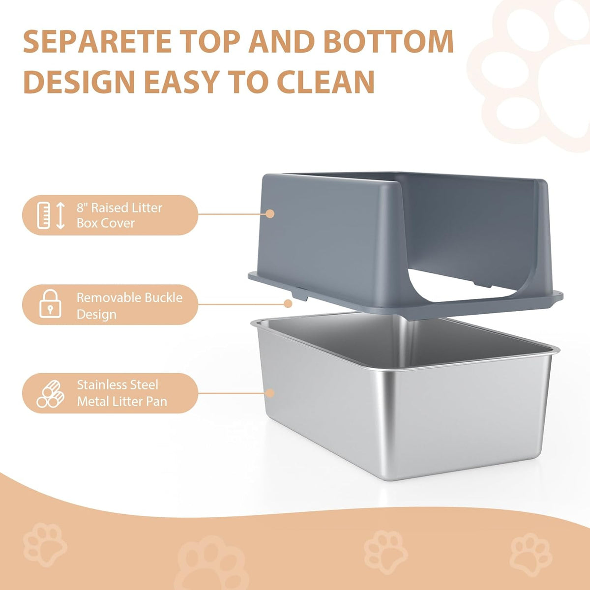 Large Stainless Steel Litter Box with Lid, High Sides, 16" Metal Cat Litter Box, Extra Large Litter