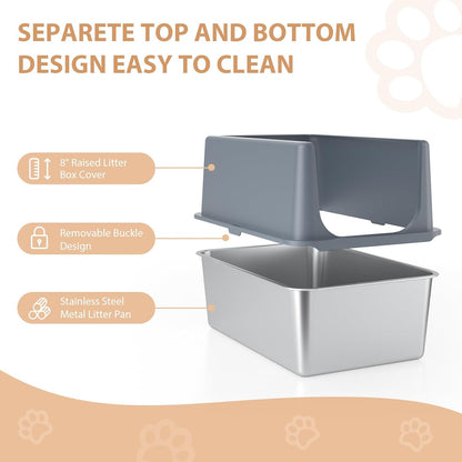 Large Stainless Steel Litter Box with Lid, High Sides, 16" Metal Cat Litter Box, Extra Large Litter