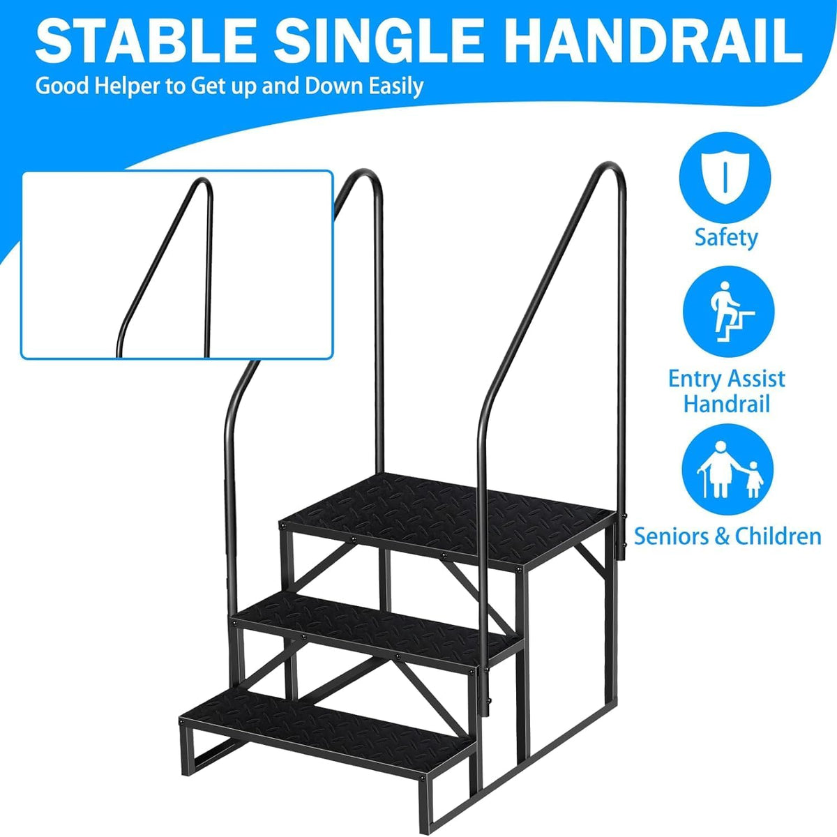 RV Step 3 Step Ladder, Upgrade RV Step with Handrails, Heavy Duty RV Stairs with Anti-Slip Pedal