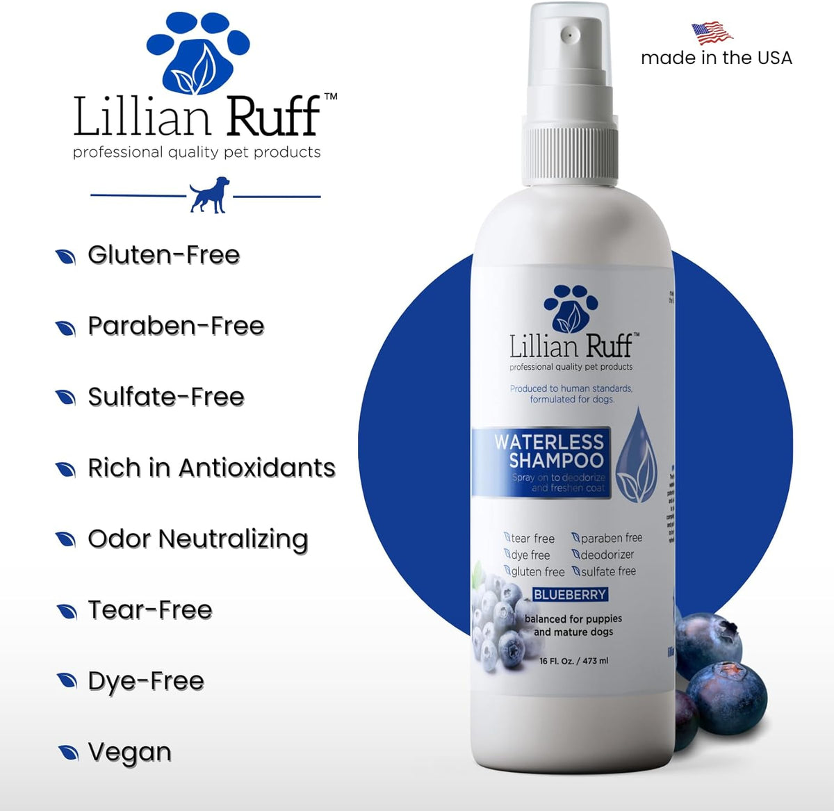 Lillian Ruff Waterless No-Rinse Dog Dry Shampoo Spray with Hydrating Essential Oils - pH-Balanced