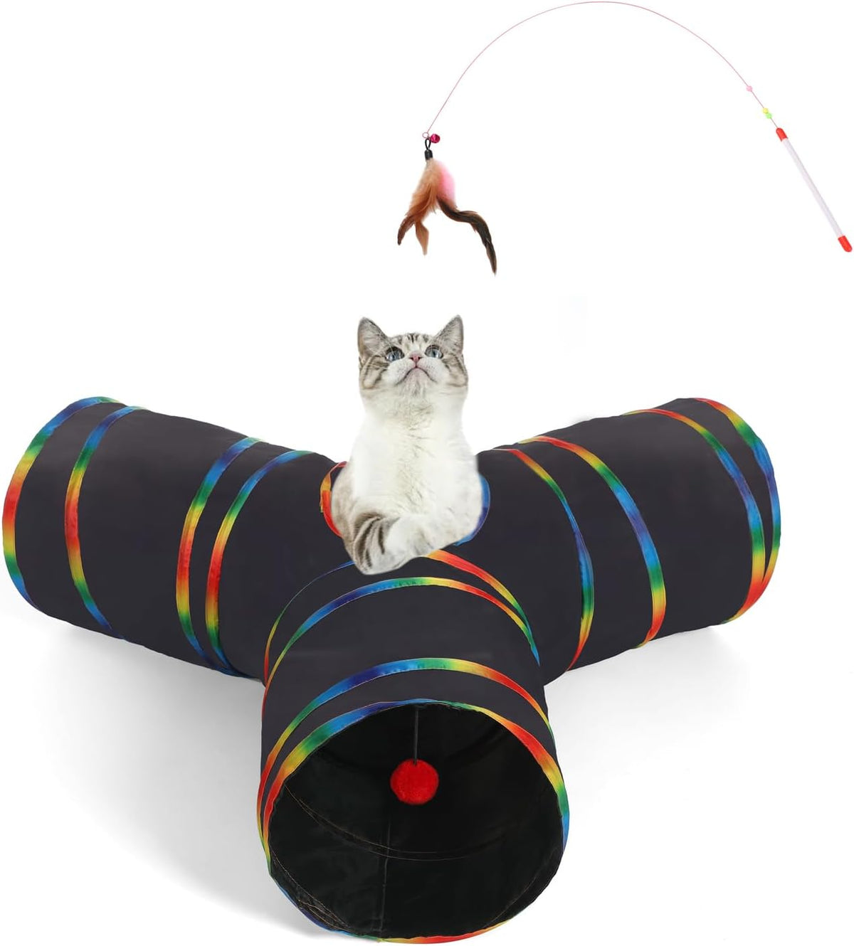 LUCKITTY Cat Tunnels Tube Toy with Plush Ball & Cat Wand Feather Toys-Portable Tattaff Waterproof