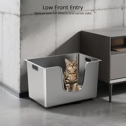 Enclosed Stainless Steel Cat Litter Box 13.8” High Sides, Extra Large Litter Box for Big Cats, XL