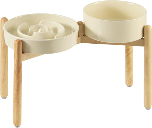 Ceramic Raised Slow Feeder Dog Bowl Set, Elevated 8.2inch Bowl and 9.5inch Puzzle Slow Food Dish