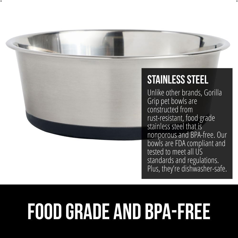 GORILLA GRIP Set of 2 Dog Bowls, Holds 6 Cups (48 fl oz), Heavy Duty Metal Food and Water Bowl for