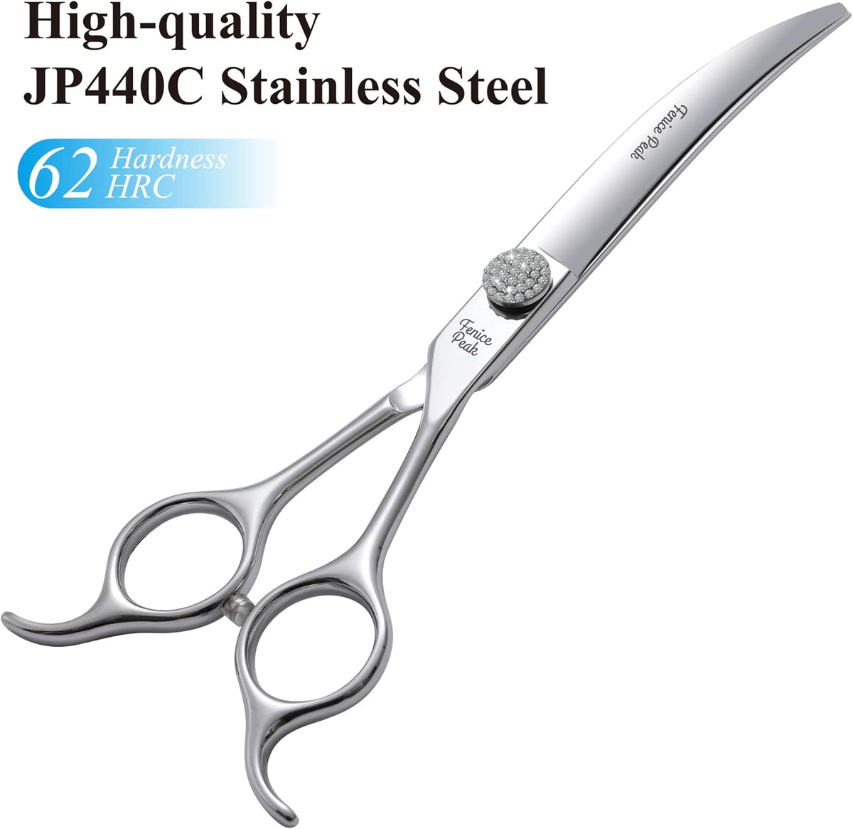 Fenice Peak 7.5‘’ Super Curved Dog Grooming Scissors with Jewelled Screw 440C Stainless Steel Pet