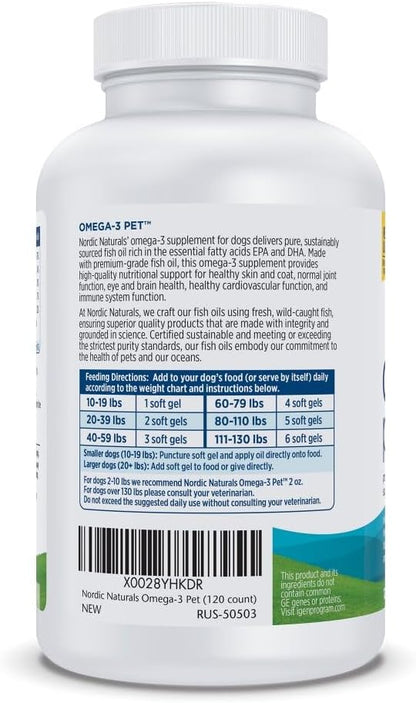 Nordic Naturals Omega-3 Pet, Unflavored - 120 Soft Gels - 330 mg Omega-3 Per Soft Gel - Fish Oil
