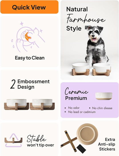 Ceramic Dog Bowls for Medium Small Dogs - 4 Cup Medium Dog Food and Water Bowls with Wood Stand