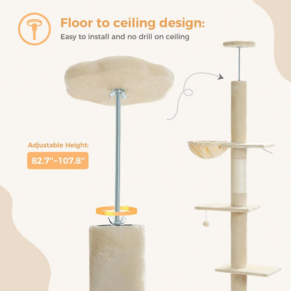 PEQULTI Floor to Ceiling Cat Tree, Tall Cat Tower, Adjustable Height (83''-108'') 5 Levels Climbing