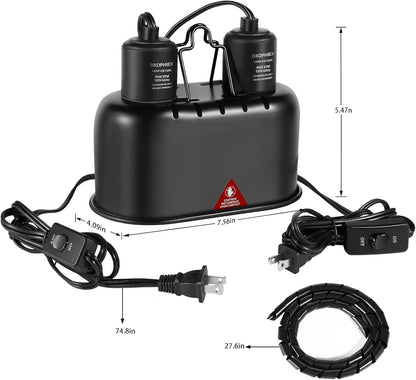 Nano Reptile Heat Lamp Max 40W Dual Reptile Light Fixture with Two Independent Switches, UVB Light