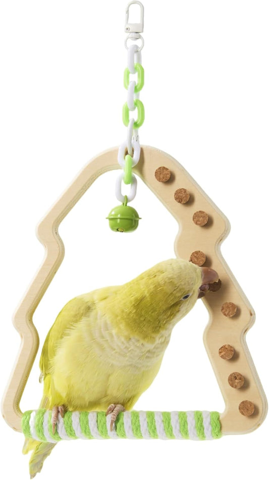 Natural Bird Swing - Moon-Shaped Parrot Perch with Bell and Cork Toys, Spinning Wooden Stand for