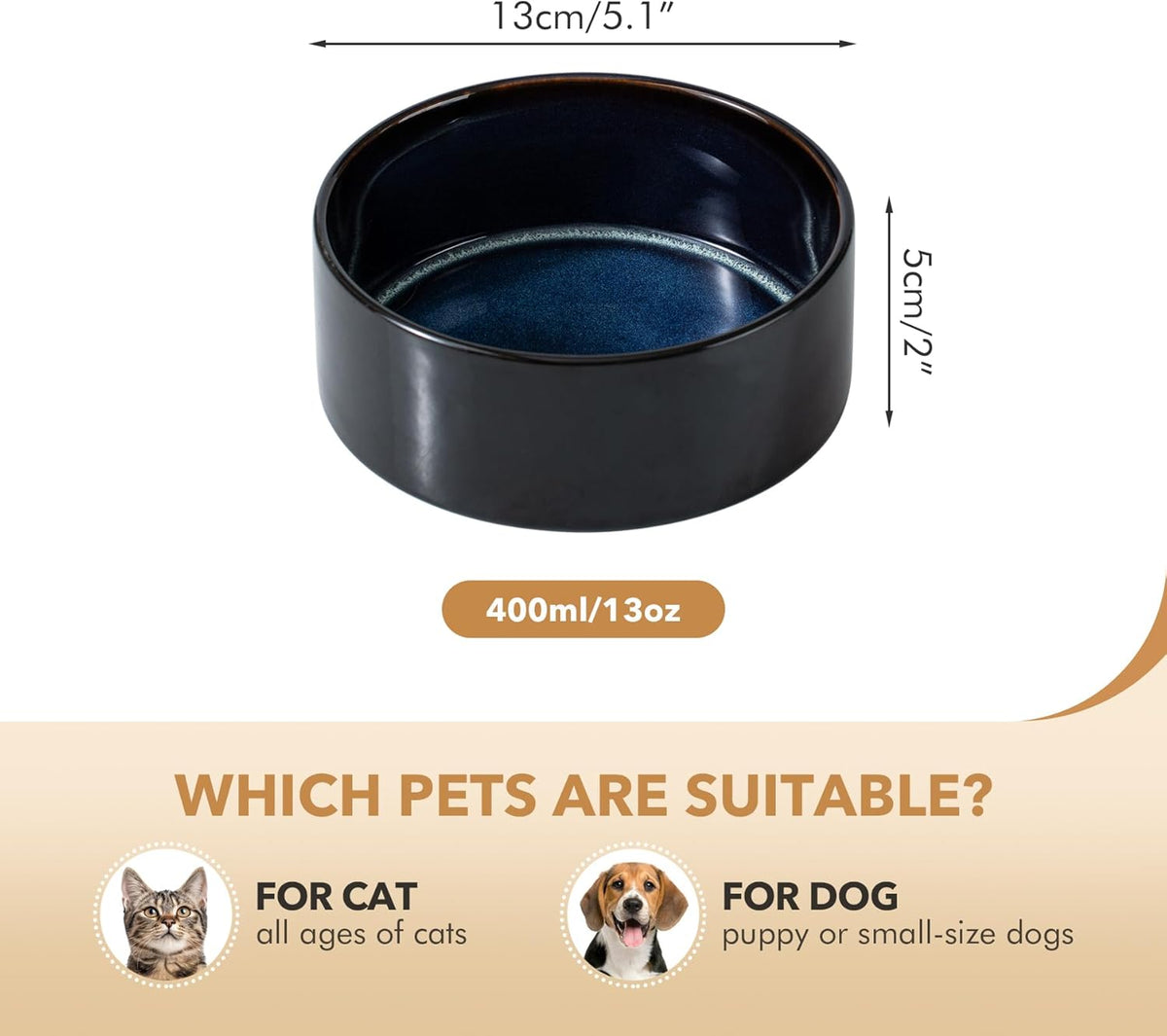 Ceramic 5.1inch Set of 2 Dog and Cat Bowls for Puppy, Kitty, Cats, 2pcs Anti-Slip Food and Water
