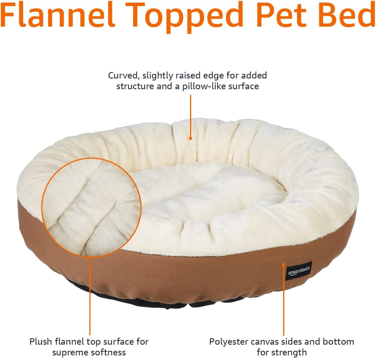 Amazon Basics Round Bolster Pet Bed for Dog or Cat with Flannel Top, 20.0" L x 20.0" W x 8.0" Th