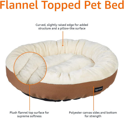 Amazon Basics Round Bolster Pet Bed for Dog or Cat with Flannel Top, 20.0" L x 20.0" W x 8.0" Th