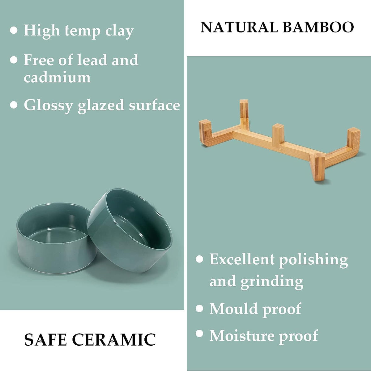 SPUNKYJUNKY Ceramic Dog and Cat Bowl Set with Wooden Stand, Modern Cute Weighted Food Water Set for