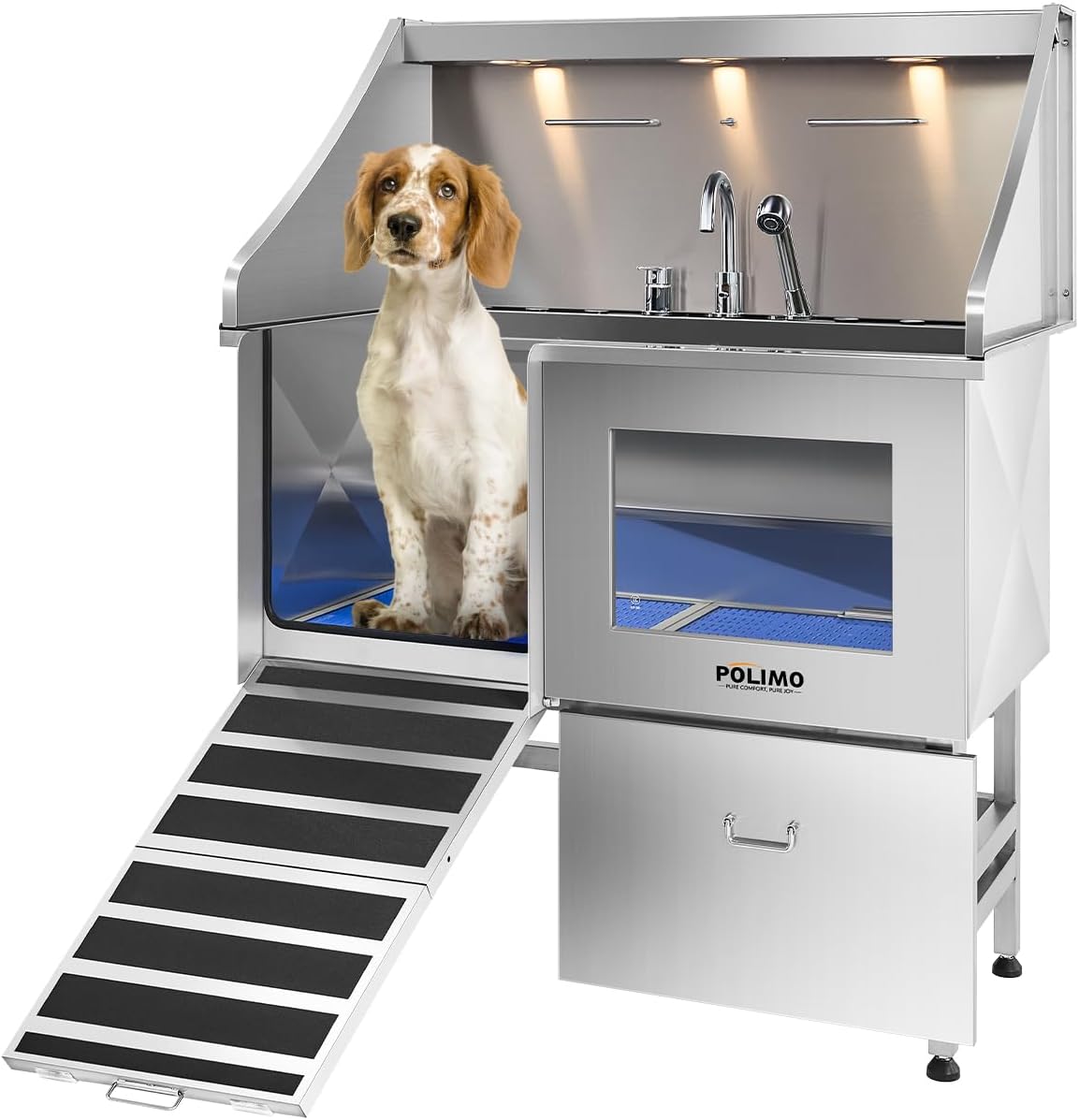 polimo Dog Washing Station, LED Professional Stainless Steel Dog Bathing Station 38", Dog Grooming