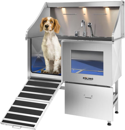 polimo Dog Washing Station, LED Professional Stainless Steel Dog Bathing Station 38", Dog Grooming