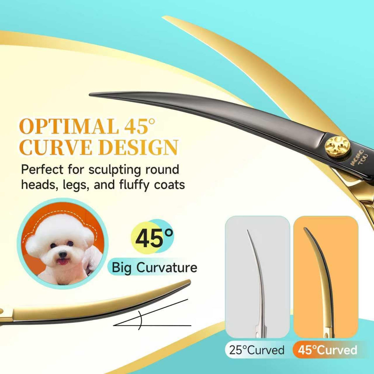 45°Super Curved Dog Grooming Scissors 440C Stainless Steel CNC 7.5'' Big Arc Curved Dog Shears
