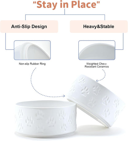 SPUNKYJUNKY Ceramic Dog and Cat Bowls 2 Pack, 6.1'' Dog and Cat Food Water Double Feeding Bowls