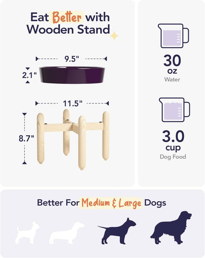 LE TAUCI Ceramic Slow Feeder Dog Bowls Elevated, 3 Cup Raised Bowl with Wooden Stand for Medium