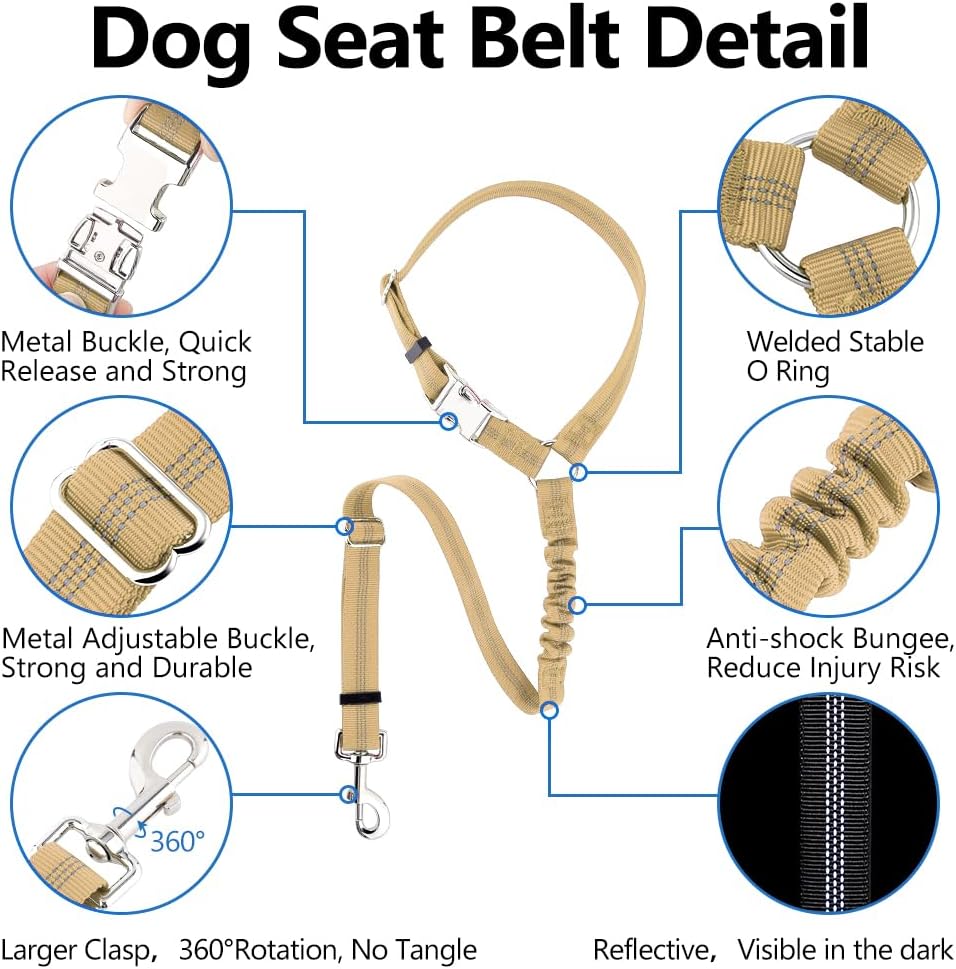 Plutus Pet Dog Seat Belt for Car Headrest, Reflective and Adjustable Restraint with Elastic Bungee