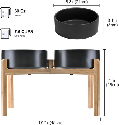 SPUNKYJUNKY Elevated Dog Bowls Ceramic, 8.3'' Dogs Food Water Bowls Raised with Non-Slip Bamboo