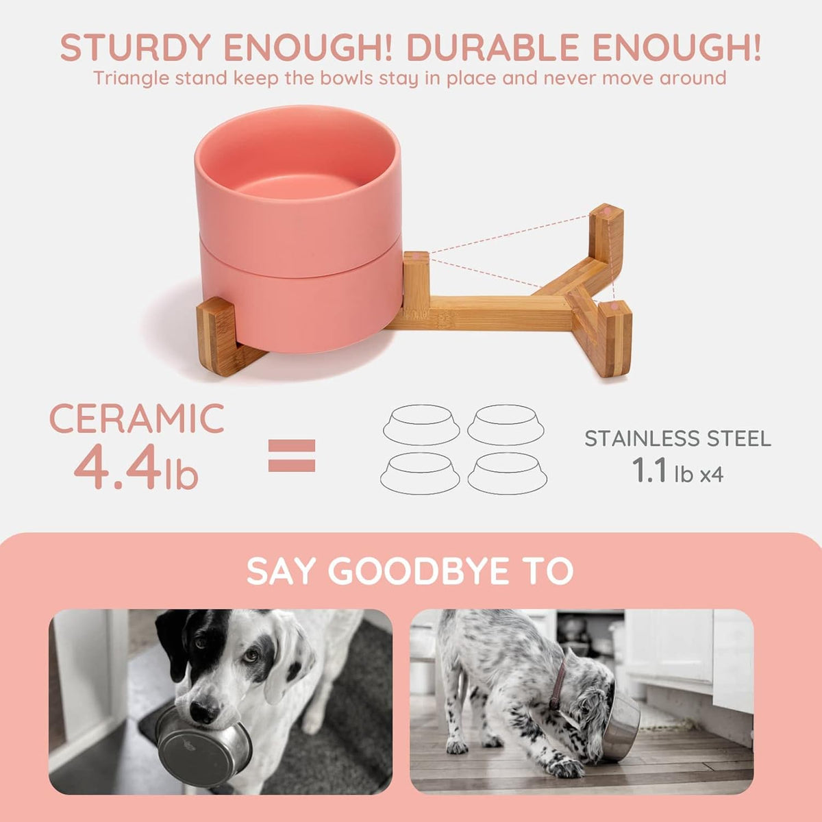 SPUNKYJUNKY Ceramic Dog and Cat Bowl with Wood Stand Non-Slip Matte Glaze Weighted Food Water Set