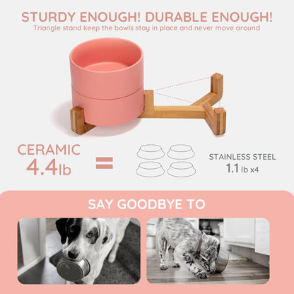 SPUNKYJUNKY Ceramic Dog and Cat Bowl with Wood Stand Non-Slip Matte Glaze Weighted Food Water Set