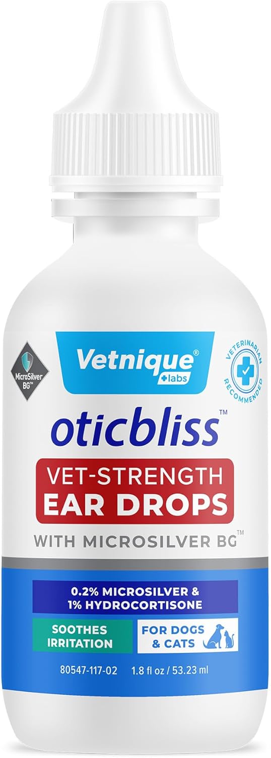 Vetnique Oticbliss Cat & Dog Ear Infection Treatment Drops - with 1% Hydrocortisone & MicroSilver