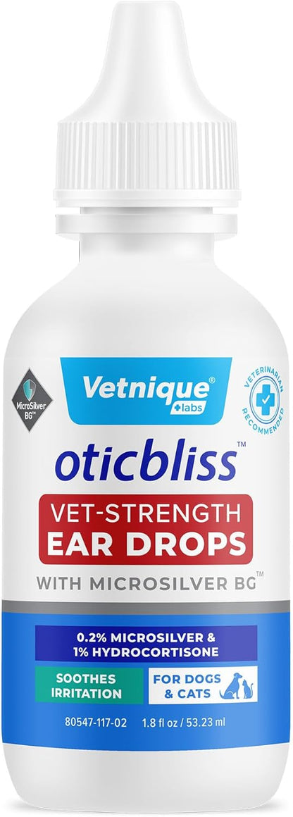 Vetnique Oticbliss Cat & Dog Ear Infection Treatment Drops - with 1% Hydrocortisone & MicroSilver