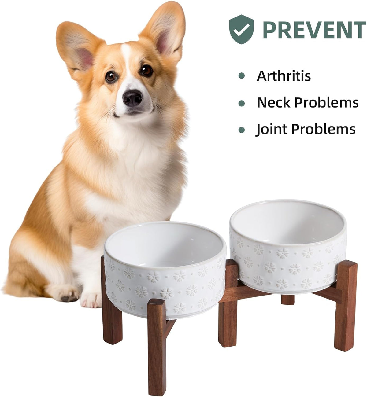 6.1inch Ceramic Raised Double Bowls Set with Acacia Wood Stand, 2 Heights Elevated, Food & Water