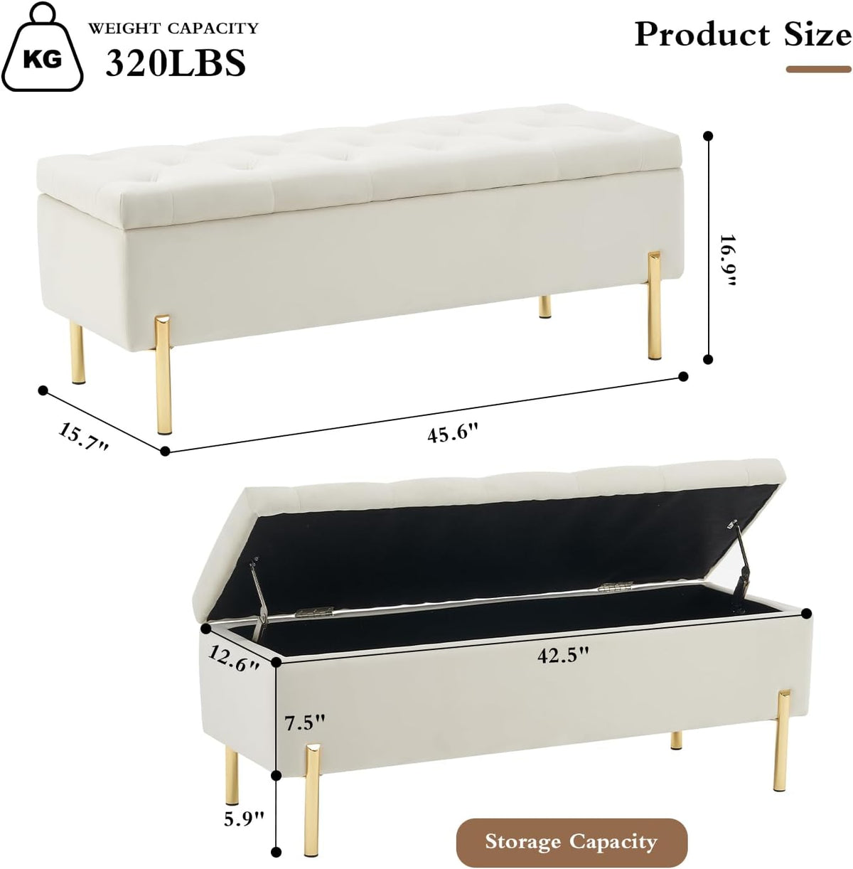 45.6 Inch Velvet Storage Bench Upholstered Tufted Settee Ottoman Bench with Storage, Bed End Bench