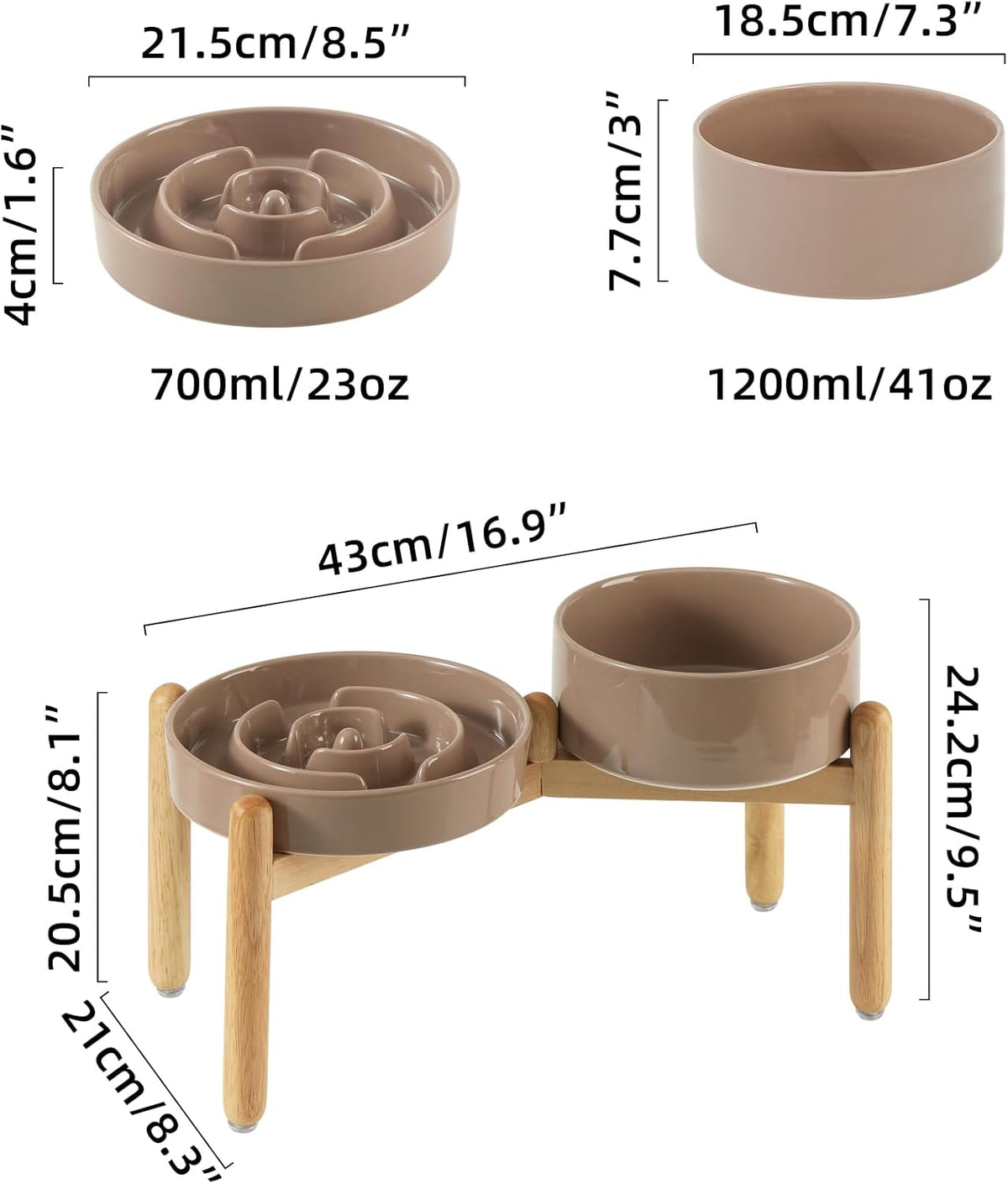 Ceramic Raised Slow Feeder Dog Bowl Set, Elevated 7.3inch Bowl and 8.2inch Puzzle Slow Dish with