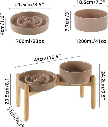 Ceramic Raised Slow Feeder Dog Bowl Set, Elevated 7.3inch Bowl and 8.2inch Puzzle Slow Dish with