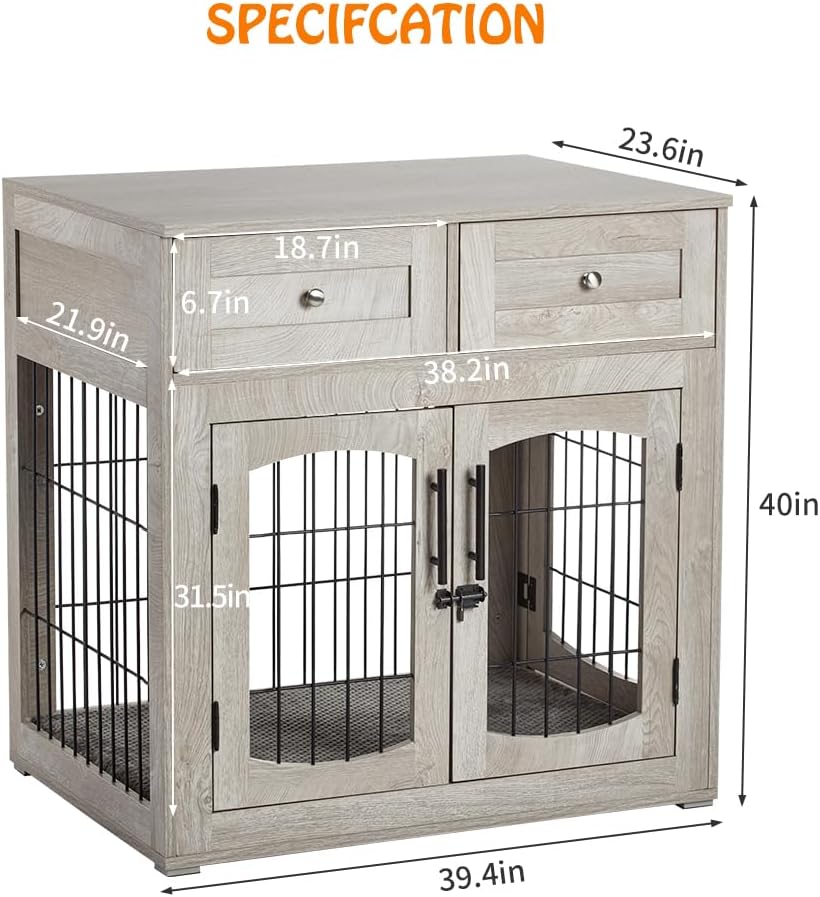 Dog Crate Furniture for Large Dogs, Wooden Dog Kennel Indoor with Double Doors, Dog Cage with
