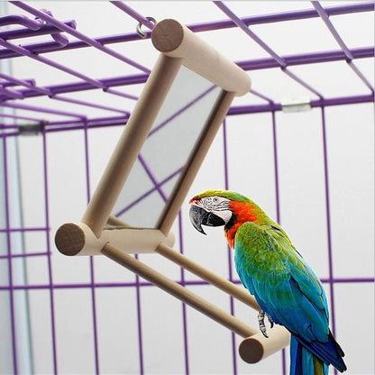 Bird Mirror with Swing and Perch for Parakeets Cockatiels Lovebirds Finches - Wooden Interactive