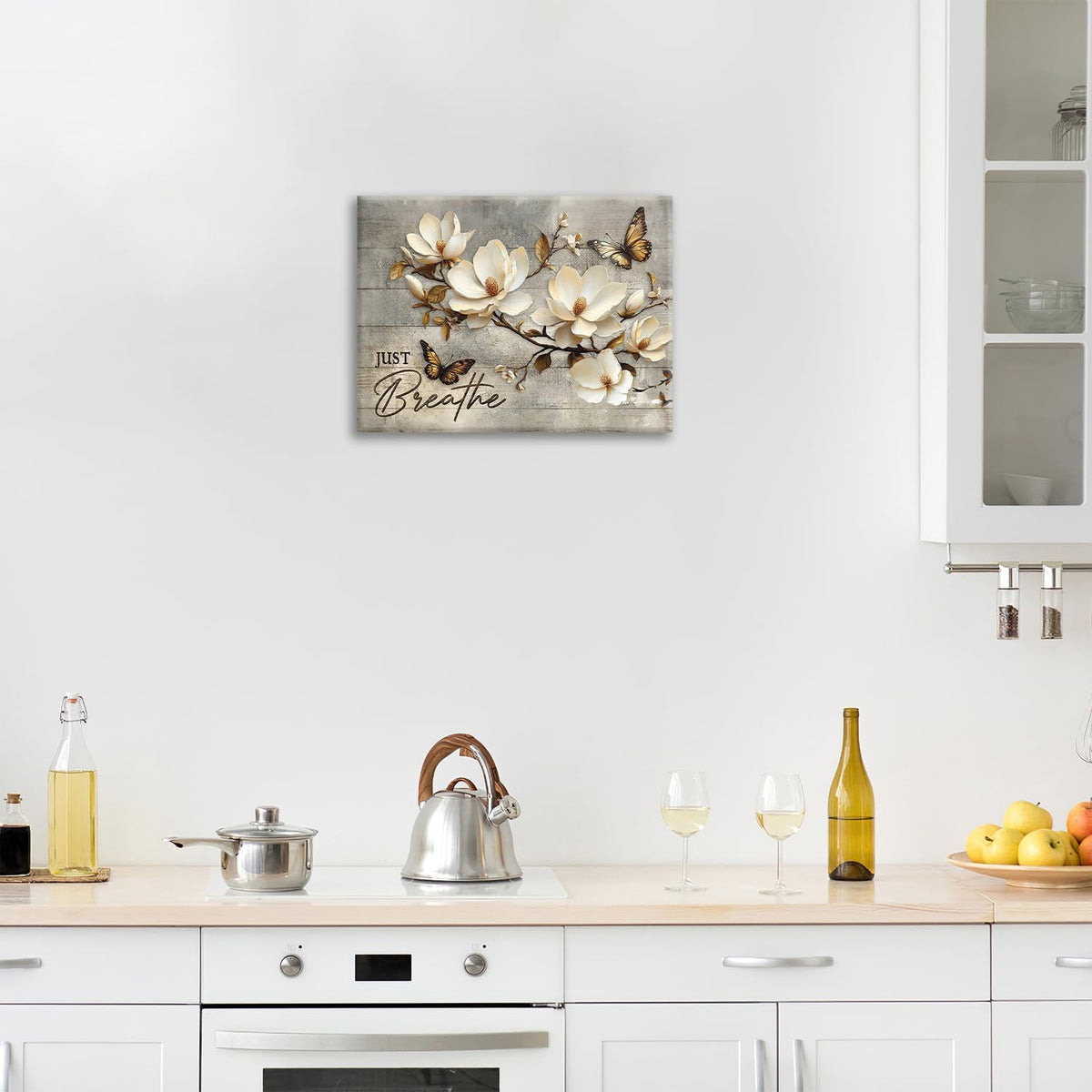 Floral Magnolia Bathroom Pictures Wall Art, Just Breathe Bathroom Wall Decor, Flower Butterfly
